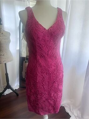 Sue Wong Beaded Fuchsia V-Neck Midi Dress